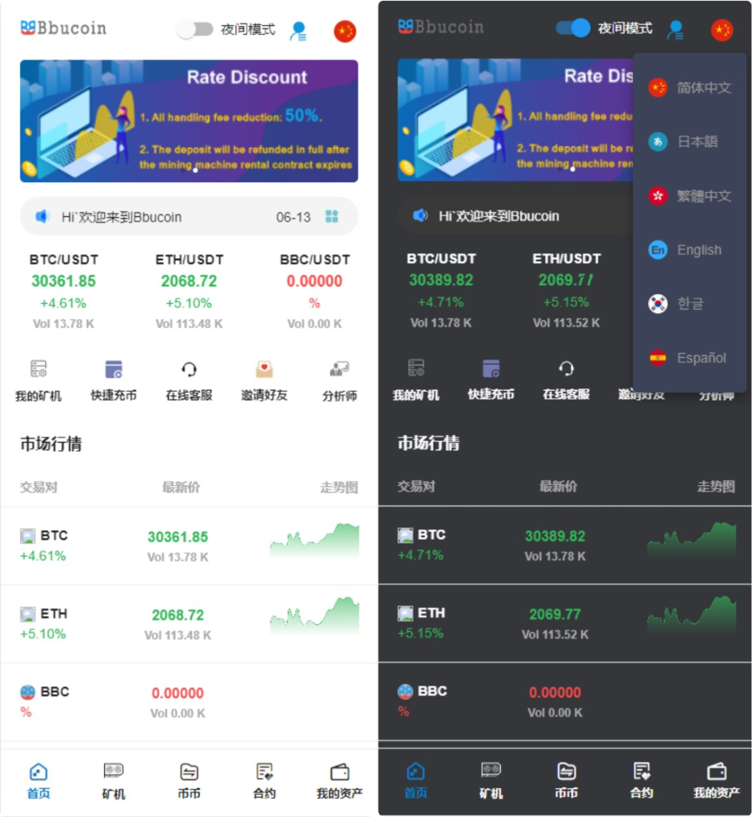 全开源Bbank多语言交易所二开平台币矿机系统分析师币币合约交易